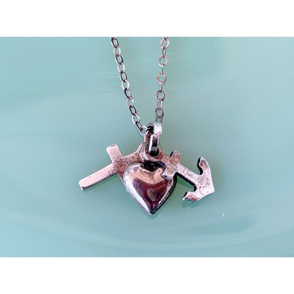 Antique Sterling Charm Necklace Puffy heart, Cross, Anchor - Picture 3 of 11